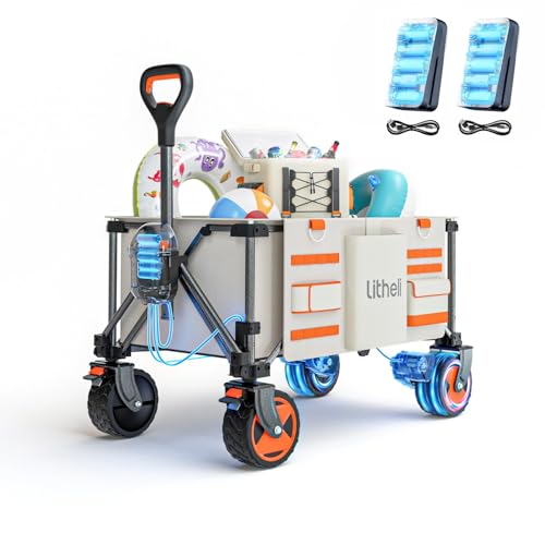 Litheli Carrinho de exterior elétrico dobrável, carro de mão dobrável, motor duplo com travões, 150 L, 90 kg, dobrável, adequado para campismo, jardim, praia, compras (bege)
