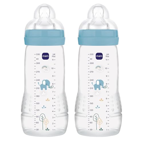MAM Embalagem de 2 bibões, a partir de 4 meses, 330 ml, com Tetina 3 de fluxo rápido de silicone de fácil aceitação, fácil de segurar, fácil de limpar, MAM Easy Active, azul brilhante, pack de 2