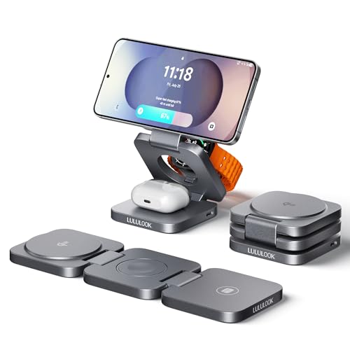 LULULOOK Qi2 Carregador sem fios para Samsung, dobrável magnética 3 em 1 estação de carregador de 15 W para Galaxy S25 Ultra S24, 23 S22, Note, Z Fold 7, Flip, carregador de 5 W para Galaxy Watch