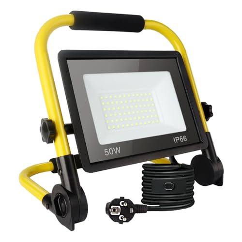 Foco de trabalho LED de 50 w, luz para o local de trabalho 5400 lm, holofote projetor LED portátil luz branca diurna de 6000 k, resistente à água Ip66, holofote com cabo de 3,5 M e tomada UE para