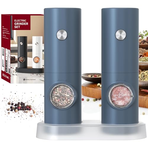 CIRCLE JOY Conjunto de moinho elétrico de sal e pimenta a pilhas com base, luz LED branca, espessura ajustável e operação automática com uma só mão, azul