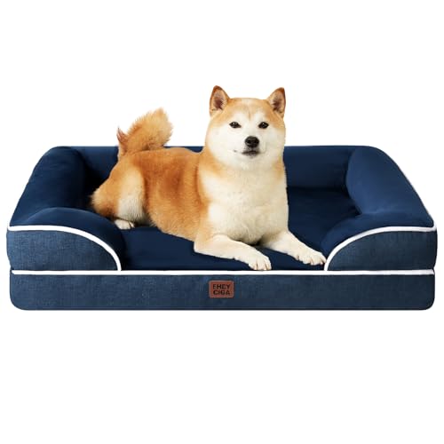 EHEYCIGA Cama cão grande 91 x 68 x 16 cm, colchão cão grande impermeável lavável com espuma viscoelástica, sofá cão removível, azul-marinho