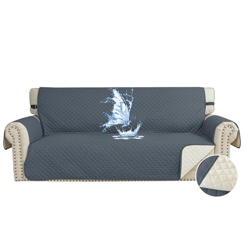 CYCMACO Capa para sofá impermeável de 3 lugares, cobre sofás anti-riscos gatos, Couch Cover antiderrapante anti-manchas, universal, com apoios de braços, lavável, azul cinzento