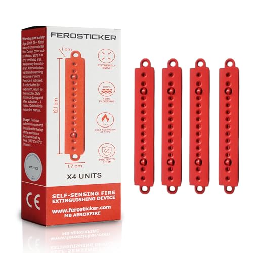 FEROSTICKER Extintor automático pequeno - proteção contra incêndios para casa, não tóxico, compacto e sem manutenção para caixas elétricas, geradores solares, veículos e baterias (4 peças)