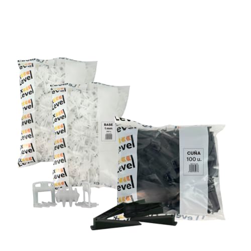 Niveladores de azulejos - 600 peças - Fixlevel - Cunhas niveladoras de chão 1 mm - sistema de nivelamento de azulejos - clipes de nivelamento de 1 mm - pack de 500 clipes e 100 unhas (1 mm)