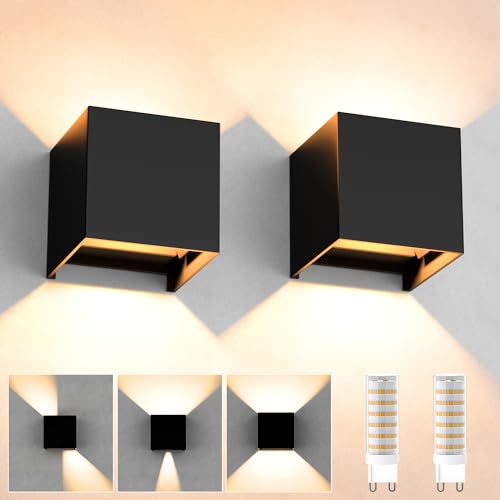 YrgePowk 2 peças aplique parede interior / exterior, candeeiro de parede com lâmpadas LED G9 substituíveis 9 W branco quente, aplique parede exterior impermeável IP65 ângulo de feixe ajustável preto