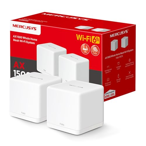 [2024 Novo] Mercusys HALO H1500X (2 pacotes) - WiFi 6 Mesh AX1500 Mbps, cobertura de até 350 m², ligar até 150 dispositivos, WiFi de banda dupla, solução Wi-Fi Fi para toque. Da casa, 3 portas Gigabit