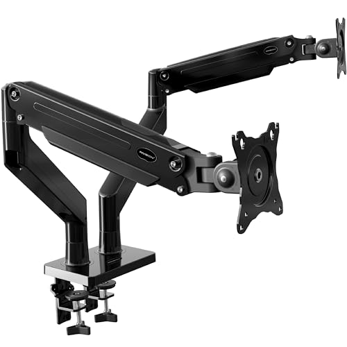 Invision Suporte monitor de braço duplo para ecrãs 24 a 35 polegadas, VESA de 75/100 mm, altura ajustável inclinar girar e estender, mola de gás montagem de braçadeira de secretária peso 2-15 kg