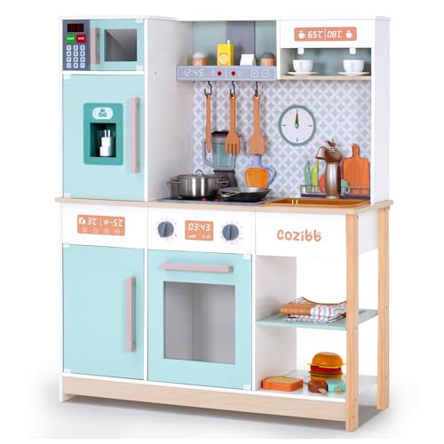 Cozinha infantil com 30 acessórios, CoziBB cozinha infantil de madeira com som e luzes, equipada com frigorífico, micro-ondas, forno a vapor e máquina de gelo, conjunto de brinquedos com avental e