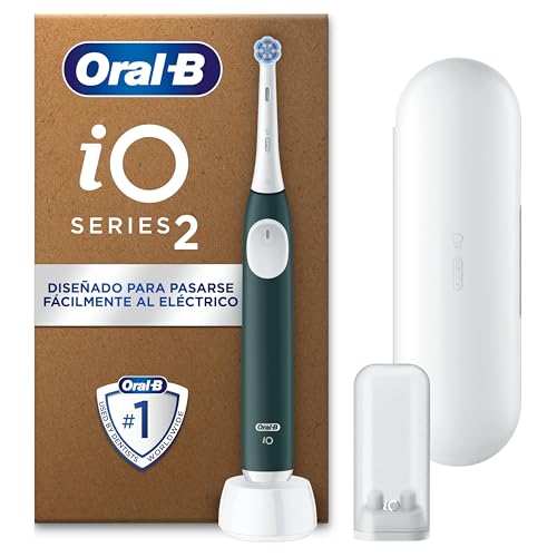 Oral-B iO 2 Escova de dentes elétrica verde floresta, 1 cabeça, 1 estojo de viagem, 1 suporte de recargas de viagem, 3 modos de escovagem, sensor de pressão e temporizador, desenhado por Braun