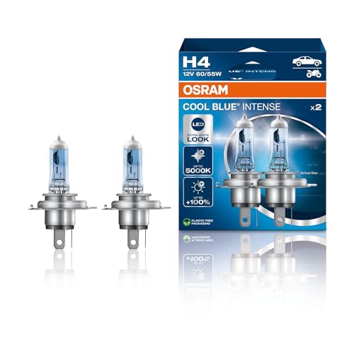 OSRAM COOL BLUE INTENSE H4, +100% mais brilho, até 5.000 K, lâmpada de farol halogéneo, aparência LED, caixa dobrável suspensa (2 lâmpadas)