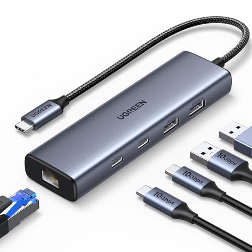 UGREEN Hub USB C para Ethernet 6 em 1, 1000 Mbps adaptador LAN para Thunderbolt 3 Type C 10 Gbps, compatível com iPhone 16 Plus Pro MAX 15 MacBook Pro Air M2 iMac iPad DELL XPS Xiaomi Mi13 Galaxy SS.