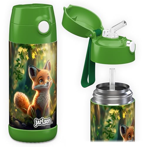 Jarlson® garrafa de água para crianças com palhinha CHARLI, garrafas de água de aço inoxidável - térmicas, sem BPA, à prova de fugas, para a escola e desportos, o termos térmico, 350 ml