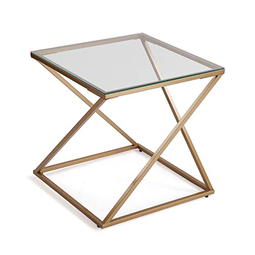 Versa Trento mesa auxiliar para a sala de estar, quarto ou cozinha. Moderna mesa baixa, medidas (L x L x An) 51 x 51 x 51 cm, cristal e metal, cor dourada