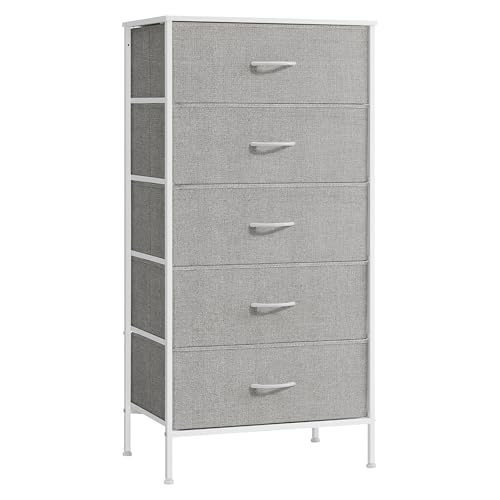 SONGMICS Confortável de 5 gavetas, gaveteira, armário de armazenamento de tecido, 40 x 60 x 120 cm, estilo moderno, branco e cinzento claro LTS815W01