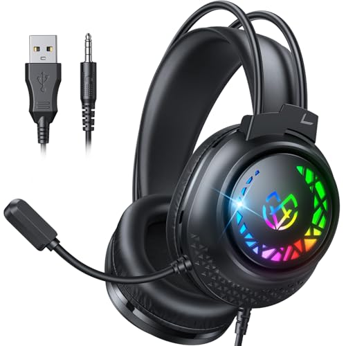 Tatybo Capacetes Gaming para Ps4/Ps5/PC/Switch, auriculares para jogos com dupla cabeça adaptável, som estéreo 3D, capacetes com cabo leve com luz RGB
