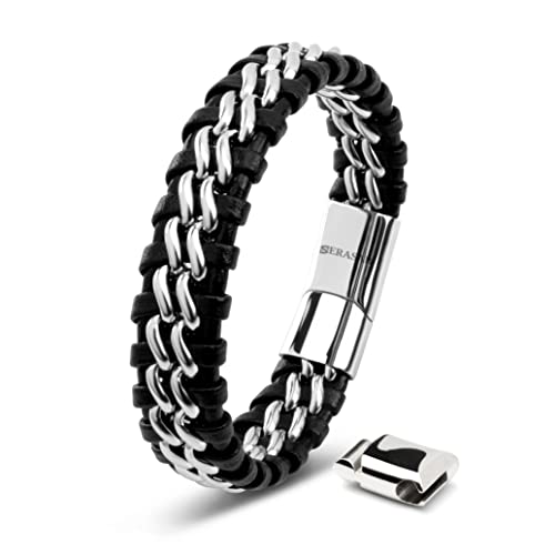SERASAR | Pulseira de couro premium [Steel] para homem em preto | fechadura magnética de aço inoxidável em preto, prata e ouro, caixa de jóias exclusiva, ótima ideia de presente