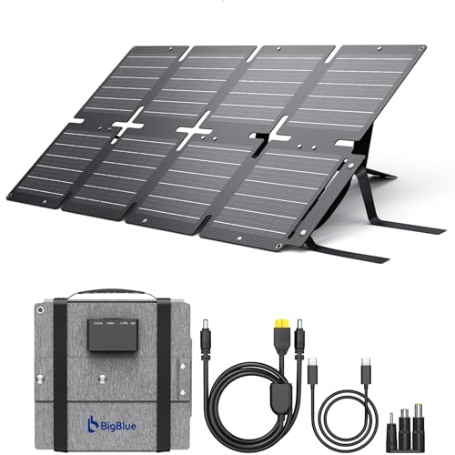 BigBlue Carregador solar dobrável de 60 W, painel solar ETFE portátil QC3.0 PD45 W + saída de CC de 22,2 V 【IP68 resistente à água e suporte: para campismo, compatível com tablet móvel gerador solar