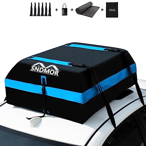 SNDMOR Saco de teto, 425 L/15 pés cúbicos de bagagem de teto impermeável, adequado para todos os veículos com/sem porta-bagagens, inclui tapete antiderrapante 4 correias de reforço (azul)
