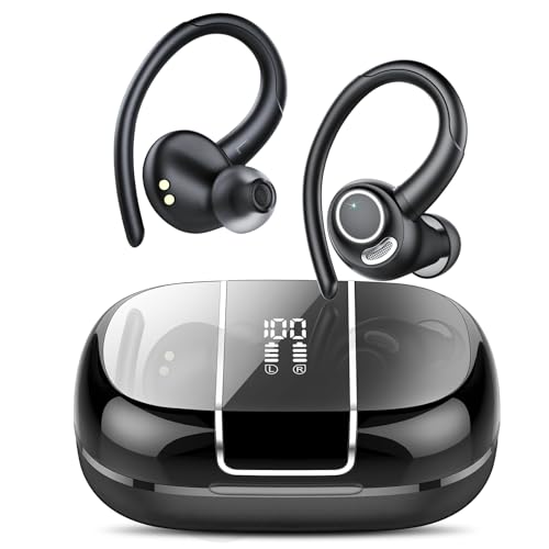 VKROBAG Auriculares Bluetooth desportivos sem fios Bluetooth 5.3 com microfone HD, 48 horas premium de graves baixos, cor preta