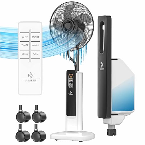 KESSER® Ventoinha de pé Frosty com nebulizador de água ultrassónico, refrigeração a água, com controlo remoto e função de temporizador, humidificador silencioso, função de nevoeiro, branco/preto