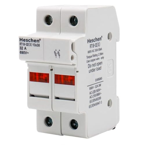 Heschen Base cilíndrica do suporte do fusível, RT18-32 (X), 32A AC690V, 2 polos, montagem de calha DIN para RT18 RO15 10 x 38 mm fusível CE UL listado (1)