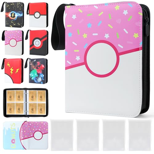 DBPBToU Álbum Cartas para 400 cartas com 400 capas cartas, álbum para Poke X, V, Vmax, TAG TEAM, EX, GX, MTG, TCG, álbum impermeável de couro PU com fecho de correr (círculo rosa)