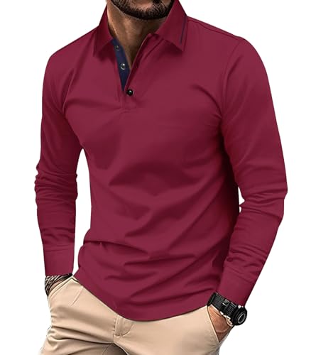 Comilaka Homem polo casual manga comprida Poloshirts algodão t-shirt de golfe cor contrastante outono inverno clássico