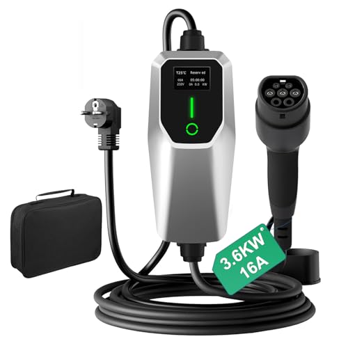 Hexinex Carregador EV tipo 2 portátil de 3,6 KW com corrente ajustável de 8 A-16 A, estação de carregamento para veículos elétricos, compatível com voltagem doméstica de 240 V, com ecrã LED digital e