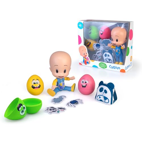 CLEO & cuquin - Cuquin e ovos surpresa, boneco de vinil com 3 ovos surpresa com 3 animais dentro e 1 mochila têxtil, figura de 20 cm articulada, oficial de quequim, famosa (CUQ0000)