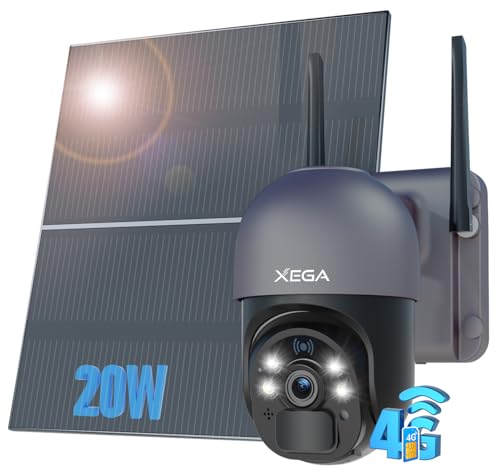 Xega 4G Câmara solar vigilância exterior com cartão SIM, 【20 W: painel: 20 000 mAh, gravação de bateria 24/7 4G, câmara sem cabo 2K Zoom PTZ 355 °/90°, visão noturna colorida, deteção de remoções