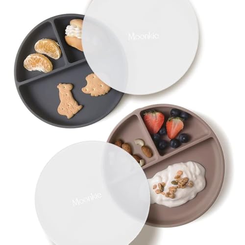 Moonkie Pratos de sucção para bebés e crianças pequenas, pratos divididos de silicone sem BPA com tampa, adequados para micro-ondas e máquina de lavar loiça, 2 pacotes (Warm Taupe/Dark Grey)