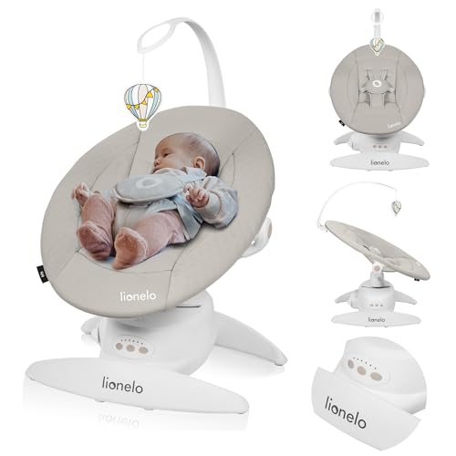 LIONELO Iris Rede de cadeira elétrica giratória de 360º para bebés de até 9 kg, com ajuste do encosto, 5 velocidades de equilíbrio, cintos de segurança antiderrapantes (bege)
