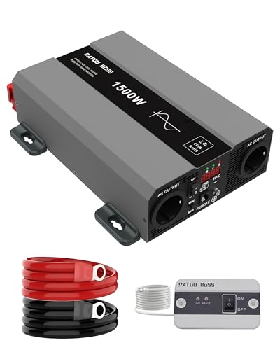 DATOUBOSS Inversor 12 V 220 V/230 V onda pura de 1500 W/3000 W, inversor de onda pura de 12 V com 2 tomadas EU, saída USB/USB-C e ecrã LCD, transformador de auto-caravanas, camiões, campismo