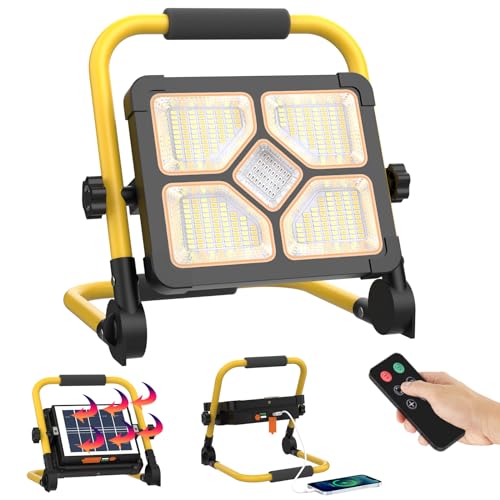 ERAY 150 W Foco LED recarregável com comando e suporte, foco de trabalho portátil com bateria de 15000 mAh/5 modos de luz/296 LEDs/painel solar/banco de energia, holofote LED bateria para campismo,