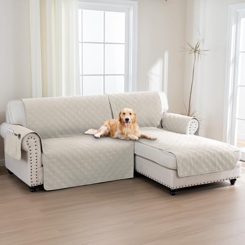 BellaHills Capa sofá Chaise Long, capa sofá de 2 praças, capa sofá Chaise longo acolchoado braço direito forma de L 205 cm, 100% capa sofá impermeável, branco marfim