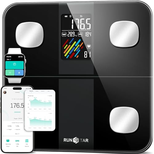 RunSTAR Balança de casa de banho inteligente, peso e percentagem de gordura, balança digital de casa de banho de alta precisão com ecrã grande, IMC, frequência cardíaca e 15 métricas, APP Fitness, até