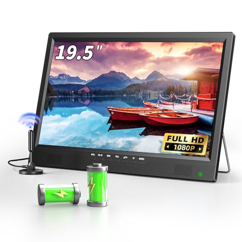 Desobry TV portátil de 19" 1080p, pequena com antena, bateria incorporada, TV de 12 V com base ajustável, adequado para entretenimento doméstico, viagens e uso ao ar livre, HDMI AV USB