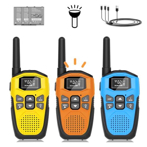 Walkie Talkie para crianças recarregável, 3 unidades NXGKET Walki Talki Longo alcance com bateria de iões de lítio incorporada, 16 canais cabo USB tipo C Auto Squelch para jogos ao ar livre campismo