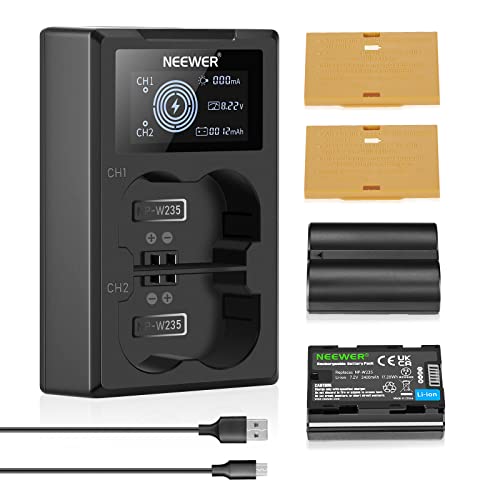 NEEWER NP-W235 Conjunto de carregador de bateria para câmara, carregador USB de ranhura dupla com LCD, 2 pacotes de 2400 mAh bateria de substituição compatível com Fujifilm X-T5 X-T4 GFX 100S X-H2S
