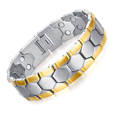 JFUME Pulseiras magnéticas para homem banhadas a ouro de 18 k, banhado a preto, banhado a azul com elementos 4 em 1, ferramenta de extração de elos incluída, 20,5 cm