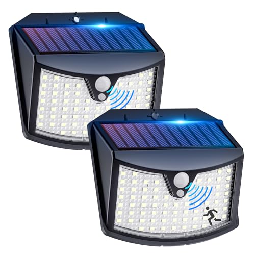 Luz solar exterior: 2 pacotes: 3 modos de luz solar exterior e jardim com sensor de movimento, IP65 impermeável holofotes LED exteriores solares para jardim, garagem, rua, pátio, caminhos, portas