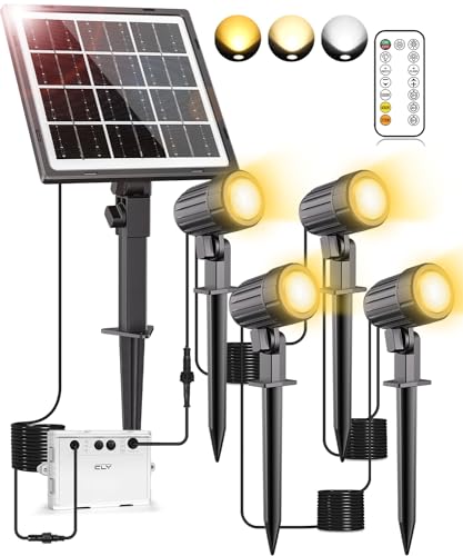 CLY Luzes solares LED para exterior e jardim com controlo remoto, 3 cores holofote solar para exterior, 2 modos dinâmicos holofotes LED exterior solares 3 brilho, 5000 mAh luz solar exterior