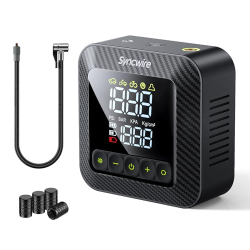 Syncwire Compressor de ar portátil 10,35 bar - insuflador elétrico compressor ar insuflação 3X rápida bomba carro insuflador para carro, motas, bicicletas, bolas, com tampas de válvula pneus, LCD