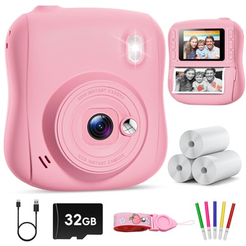 Hangrui Câmara fotos infantis instantâneas, 1080 P câmara fotos infantis, câmara instantânea para crianças com cartão de 32 GB, papel de impressão e canetas de cores, presentes brinquedo