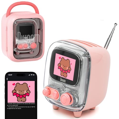 Divoom Tiivoo-2 Altifalante retro Bluetooth com função adicional de rádio FM, ecrã de píxeis, decoração vintage, ideal para quarto, secretária e exterior (rosa)