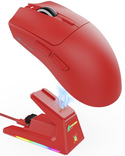 ATTACK SHARK X1 Ratón para Juegos con Base de Carga Magnética, Sensor PixArt PAW3395PRO, 40000DPI, Bluetooth/2,4G Wireless/Wired, 53g Superligero, Microinterruptores de 100M para PC/Xbox/Mac (Rojo)