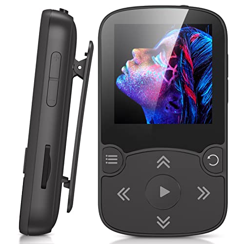 AGPTEK 64 GB Clip leitor MP3 desportivo Bluetooth 5.3, HiFi MP3 Player portátil sem perdas, rádio FM, podómetro inteligente, fotos, suporta até 128 GB (preto)