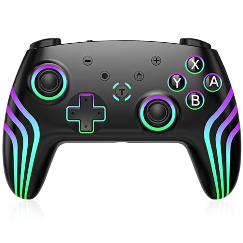 Controlador de conmutación, luces RGB cambiables, controlador Pro con despertar/joysticks precisos/giroscopio de 6 ejes/doble choque/turbo, controlador inalámbrico para conmutador/consola Lite/OLED