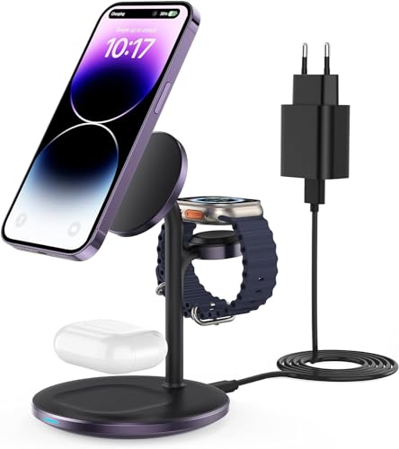 Estação de carregamento sem fios 3 em 1 para vários dispositivos, estação de carregamento indutiva de 15 W, mag Safe para iPhone 16 15 14, carregador mag safe para iWatch Ultra 2/1, Light Purple